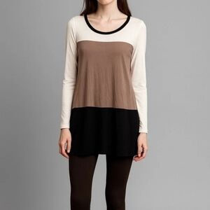Elegant Colorblock Tunic - Cream, Brown, Black Size Small‎